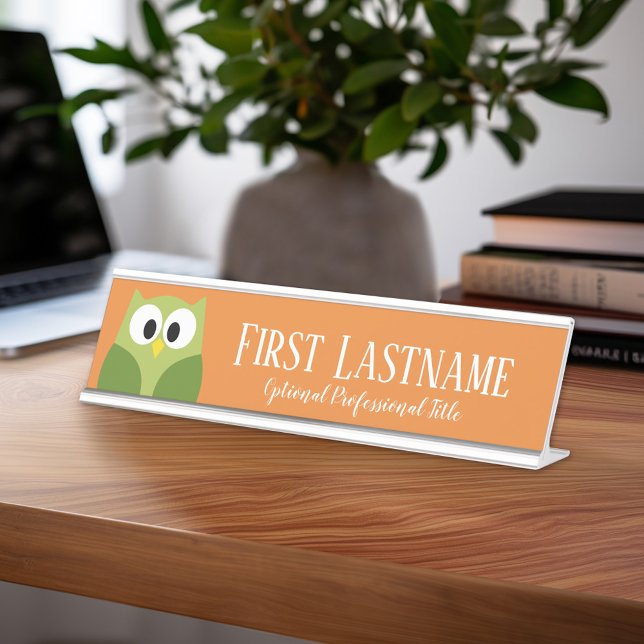 Cute Cartoon Owl - Orange and Green Custom Name Desk Name Plate (Personalized Desk Sign with Name and Title - Custom Executive Name Plate)