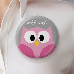 Cute Cartoon Owl - Pink and Grey Custom Name 6 Cm Round Badge
