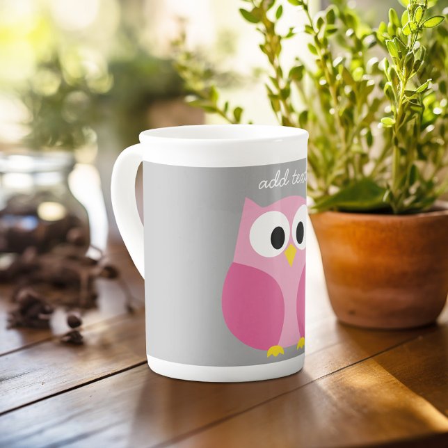 Cute Cartoon Owl - Pink and Grey Custom Name Bone China Mug (Personalized mug with photos and text, customize completely in the advanced design area)