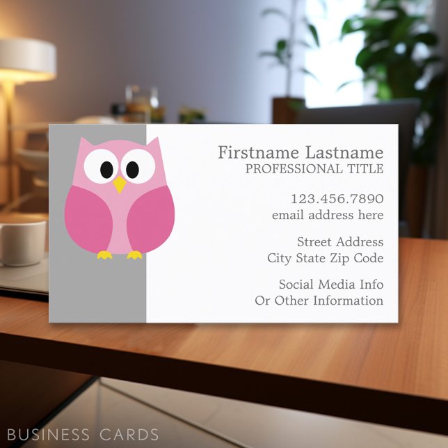 Cute Cartoon Owl - Pink and Grey Custom Name Business Card (Personalized Printed Business Cards)
