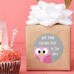Cute Cartoon Owl - Pink and Grey Custom Name Classic Round Sticker