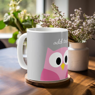 Cute Cartoon Owl - Pink and Grey Custom Name Coffee Mug