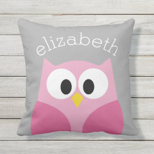 Cute Cartoon Owl - Pink and Grey Custom Name Cushion