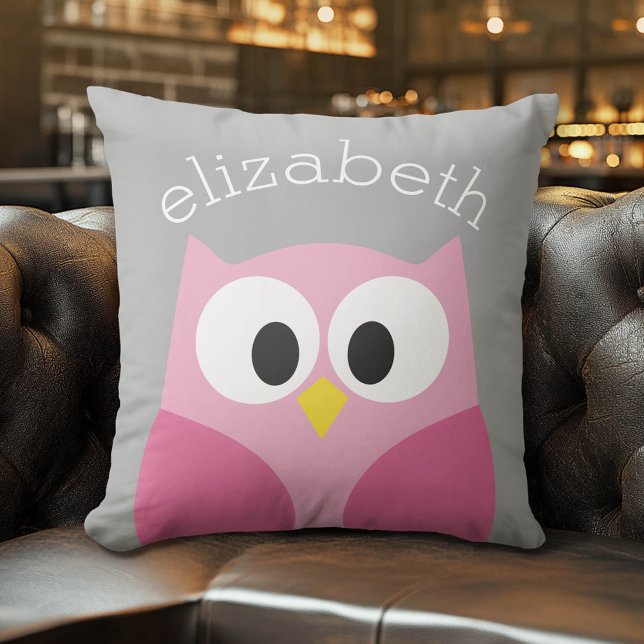 Cute Cartoon Owl - Pink and Grey Custom Name Cushion (Whimsical Custom Monogram Pillow)