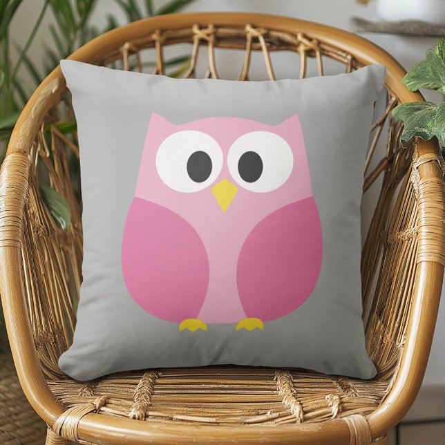 Cute Cartoon Owl - Pink and Grey Custom Name Cushion (Cute Whimsical Owl Pillow)