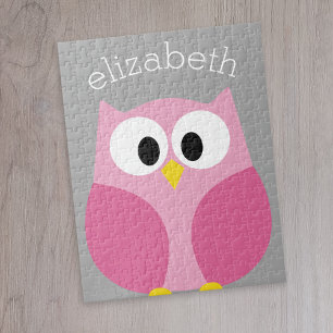 Cute Cartoon Owl - Pink and Grey Custom Name Jigsaw Puzzle