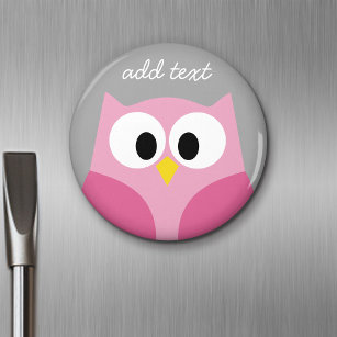 Cute Cartoon Owl - Pink and Grey Custom Name Magnet