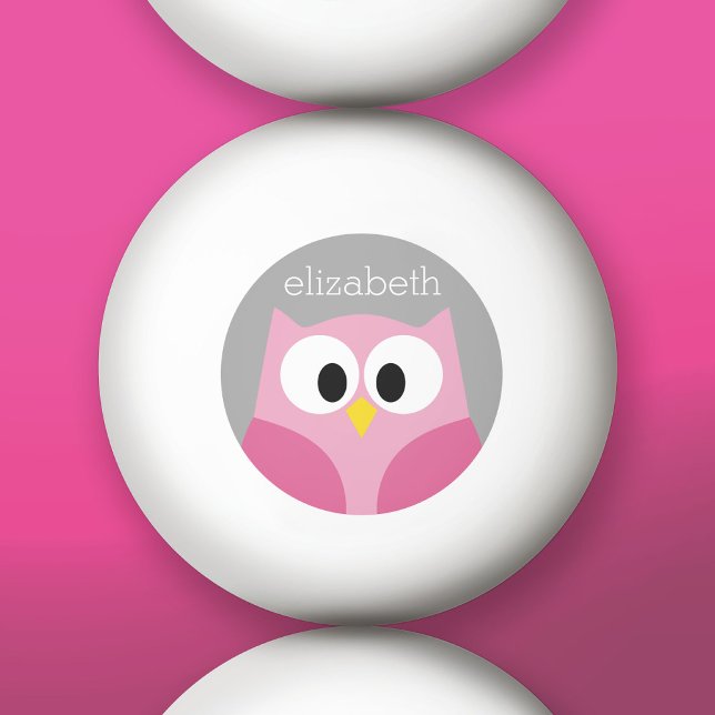 Cute Cartoon Owl - Pink and Grey Custom Name Ping Pong Ball (Custom Ping Pong Balls)