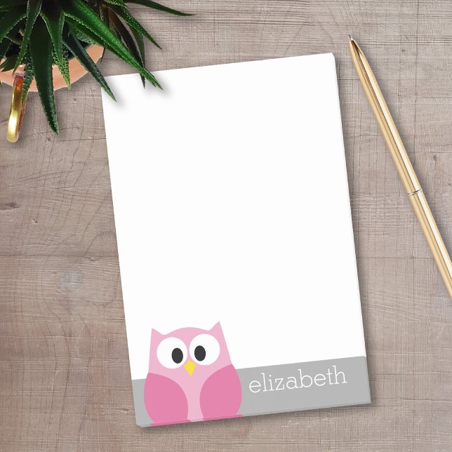 Cute Cartoon Owl - Pink and Grey Custom Name Post-it Notes (Personalized Post-It Notes - Add your name)