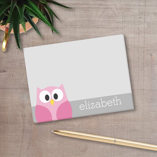 Cute Cartoon Owl - Pink and Grey Custom Name Post-it Notes (A cute owl post-it notepad with ana rea to add your name)