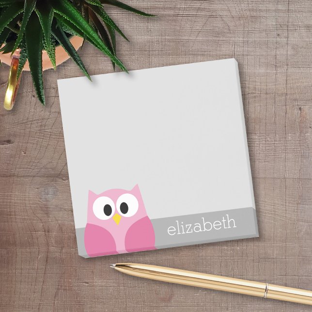 Cute Cartoon Owl - Pink and Grey Custom Name Post-it Notes (Personalized Post It Notepads)