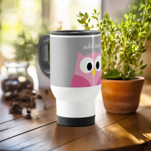 Cute Cartoon Owl - Pink and Grey Custom Name Travel Mug