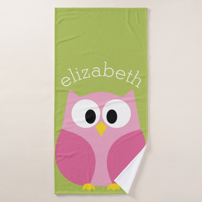 Cute Cartoon Owl - Pink and Lime Green Bath Towel (Bath Towel)
