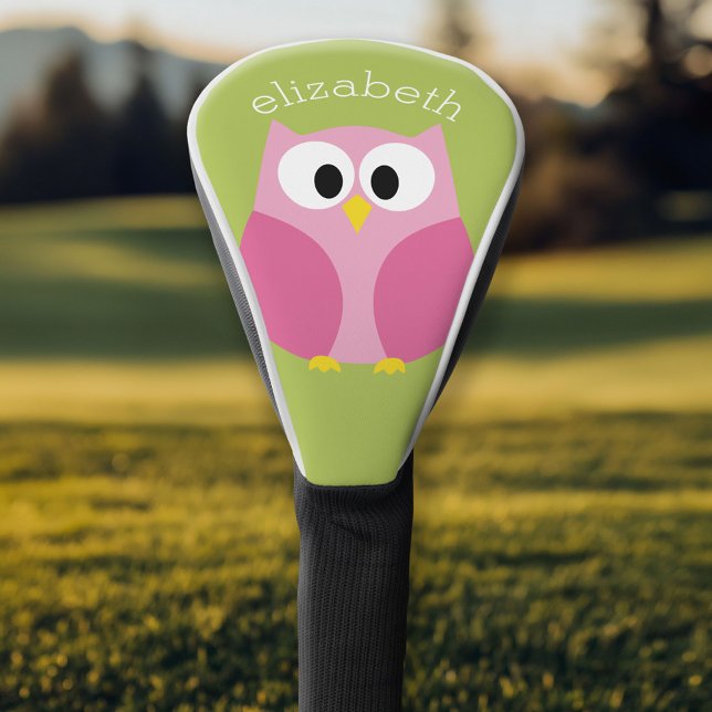 Cute Cartoon Owl - Pink and Lime Green Golf Head Cover (Personalized Golf Head Cover)
