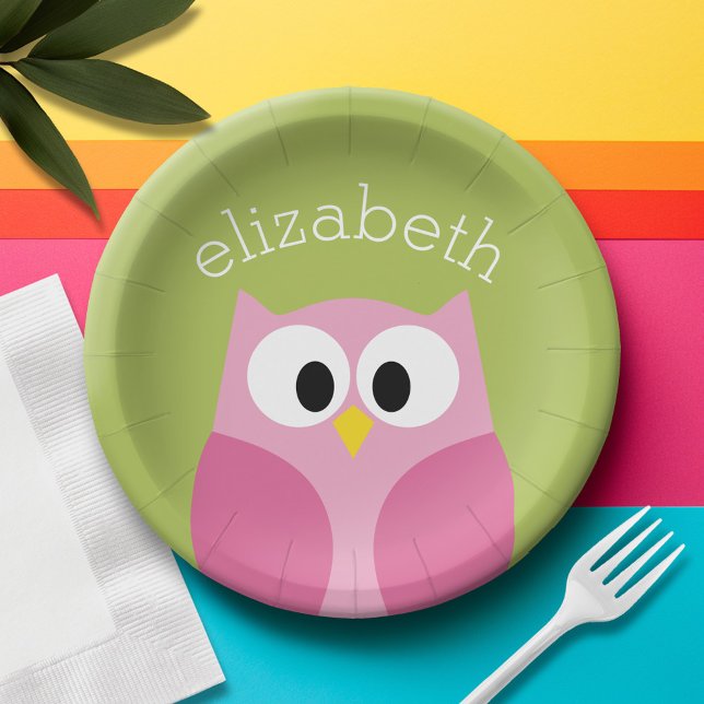 Cute Cartoon Owl - Pink and Lime Green Paper Plate (Personalized birthday party plate with area for name)