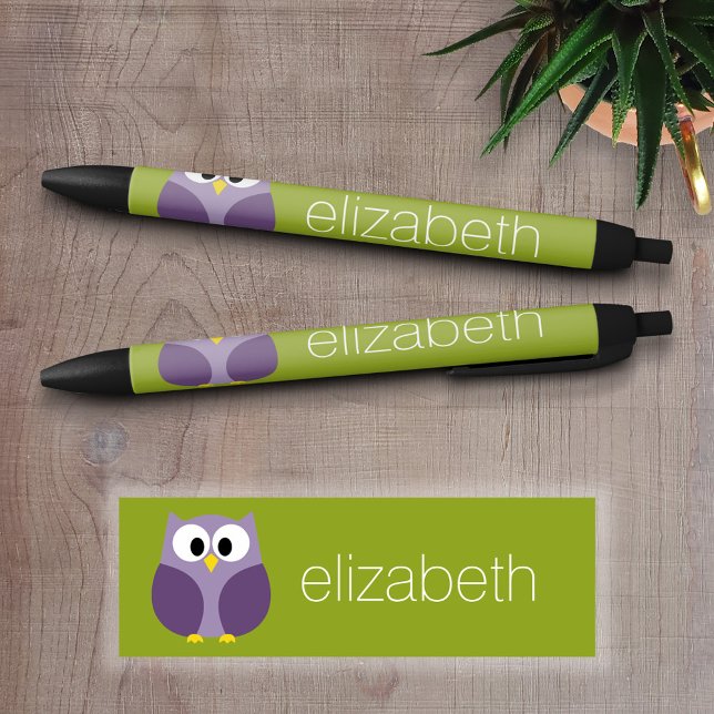 Cute Cartoon Owl Purple and Pistachio Custom Name Black Ink Pen (Personalized Writing Pens)