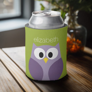 Cute Cartoon Owl Purple and Pistachio Custom Name Can Cooler