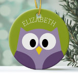 Cute Cartoon Owl Purple and Pistachio Custom Name Ceramic Tree Decoration<br><div class="desc">A modern and simple owl with trendy colours. You can add a name,  monogram or other custom text. If you need to move the art around,  click on the customise button to make changes.</div>