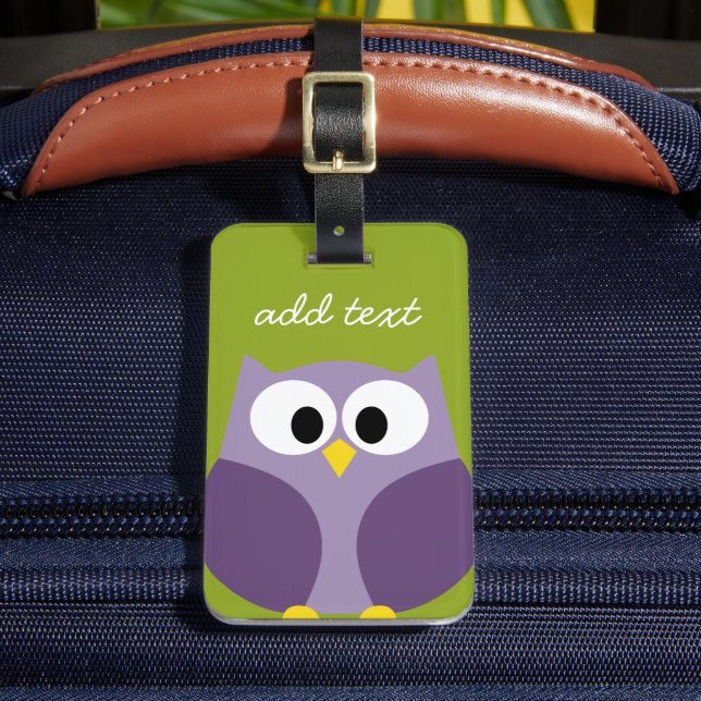 Cute Cartoon Owl Purple and Pistachio Custom Name Luggage Tag (Front Insitu 2)