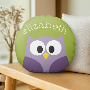 Cute Cartoon Owl Purple and Pistachio Custom Name Round Cushion