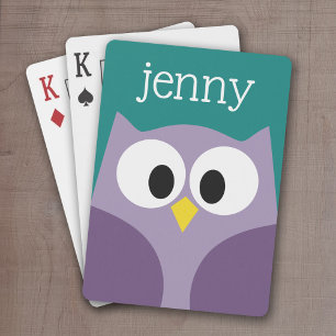 Cute Cartoon Owl Purple and teal Custom Name Playing Cards