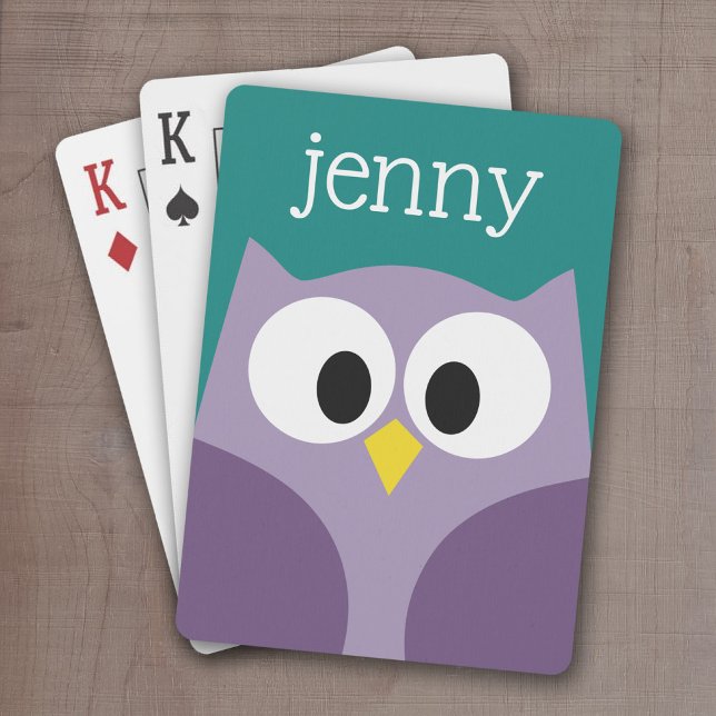 Cute Cartoon Owl Purple and teal Custom Name Playing Cards (Cute Personalized playing cards with a cartoon owl and a monogram or name)