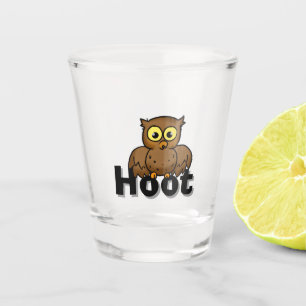 Cute Cartoon Owl Sitting On Hoot Word Art Shot Glass