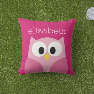 Cute Cartoon Owl with Name - Hot Pink Cushion