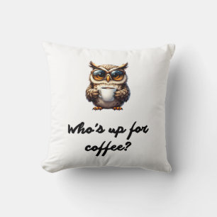 Cute Cartoon Owl with Sunglasses Holding Coffee Cu Cushion