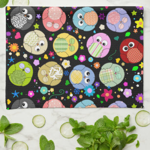 Cute Cartoon Owls and Flowers Design Tea Towel