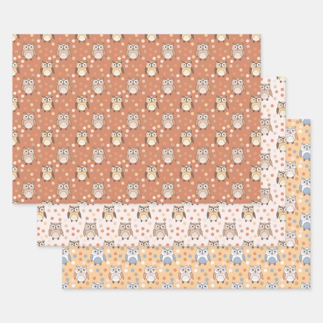 Cute Cartoon Owls and Polkadots Pastel Pattern Wrapping Paper Sheet (Set)