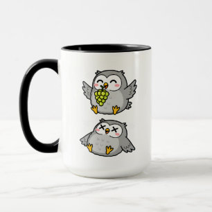 Cute Cartoon Owls Eating Grapes Funny Gray Owl Mug