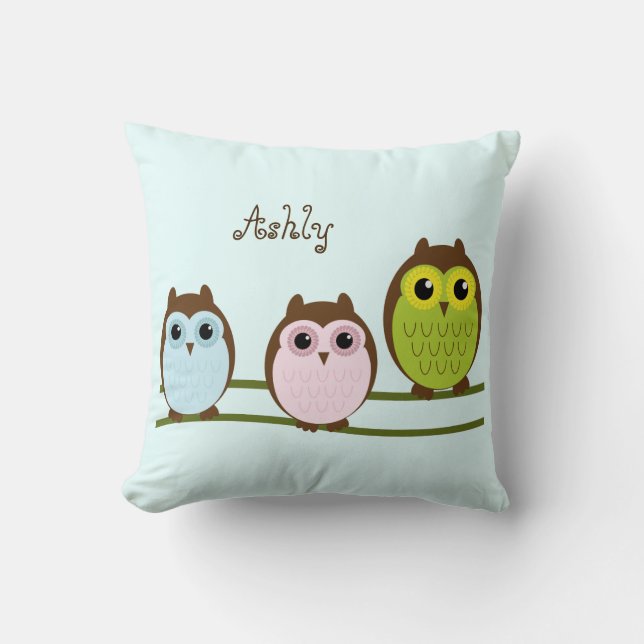 Cute Cartoon Owls Personalised Throw Pillow (Front)