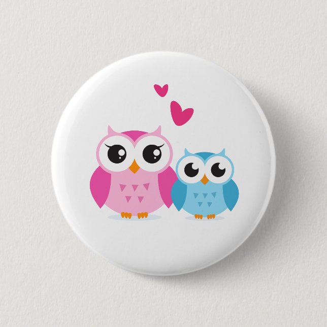 Cute cartoon owls with hearts 6 cm round badge (Front)