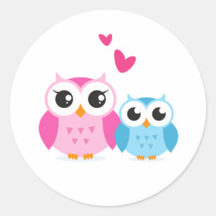Cute cartoon owls with hearts classic round sticker