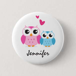 Cute cartoon owls with hearts personalised name 6 cm round badge