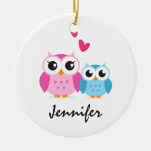 Cute cartoon owls with hearts personalised name ceramic tree decoration