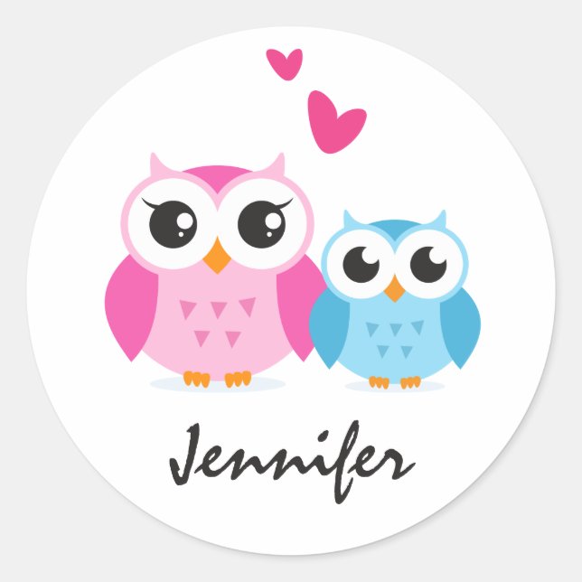 Cute cartoon owls with hearts personalised name classic round sticker (Front)