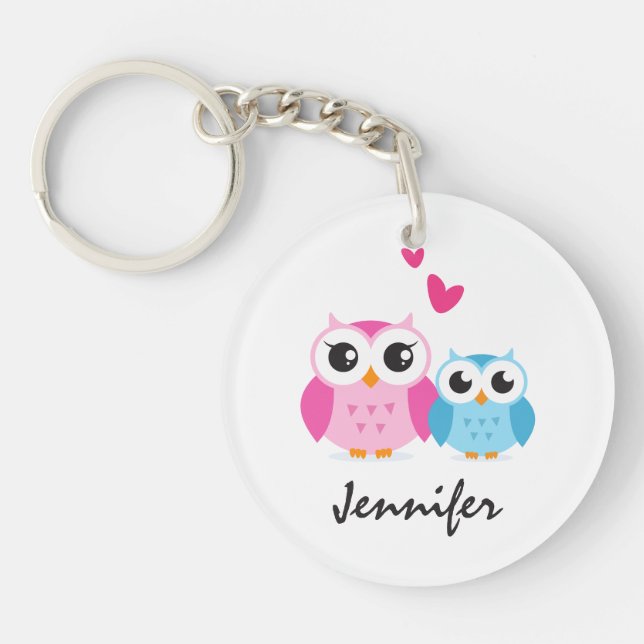 Cute cartoon owls with hearts personalised name key ring (Front)