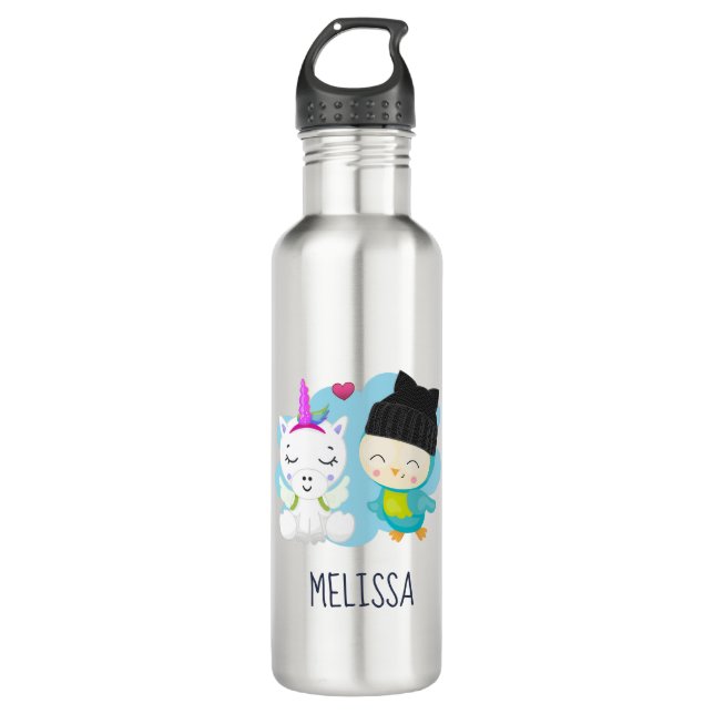 Cute Cartoon Pals -  Happy Unicorn & Bird 710 Ml Water Bottle (Front)