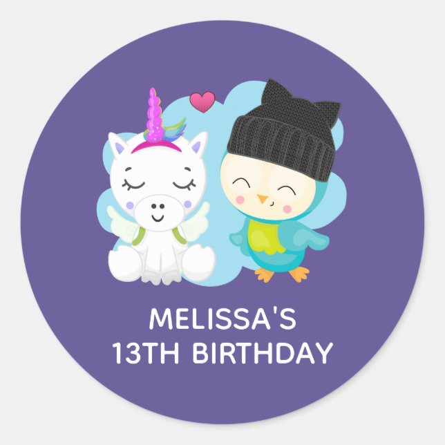 Cute Cartoon Pals -  Happy Unicorn & Bird Birthday Classic Round Sticker (Front)