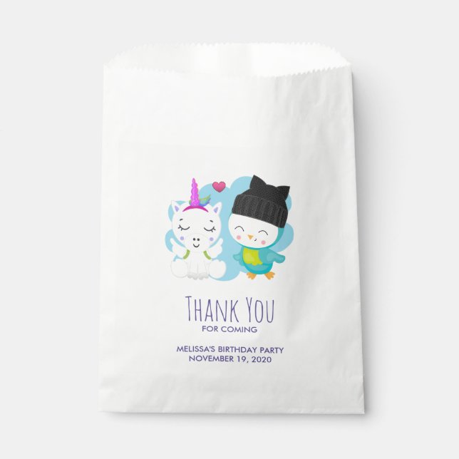 Cute Cartoon Pals -  Happy Unicorn & Bird Birthday Favour Bag (Front)