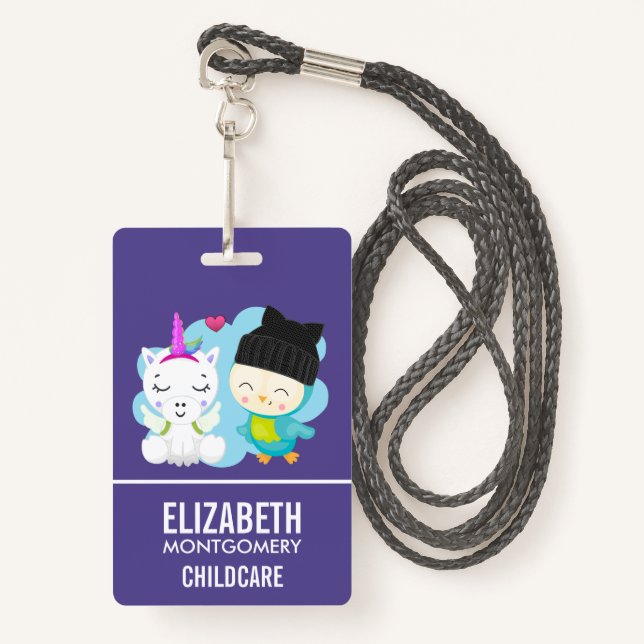 Cute Cartoon Pals -  Happy Unicorn & Bird ID Badge (Front with Lanyard)