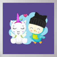 Cute Cartoon Pals -  Happy Unicorn & Bird