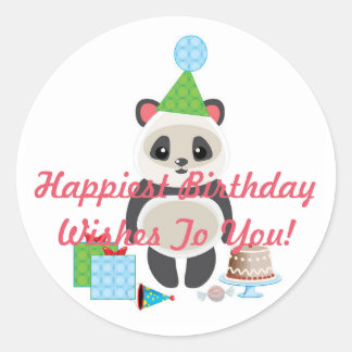 Cute Cartoon Panda Bear with Birthday Wishes Classic Round Sticker