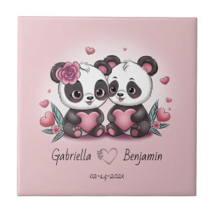 Cute Cartoon Panda Lovers Heart Valentine’s Day Ceramic Tile