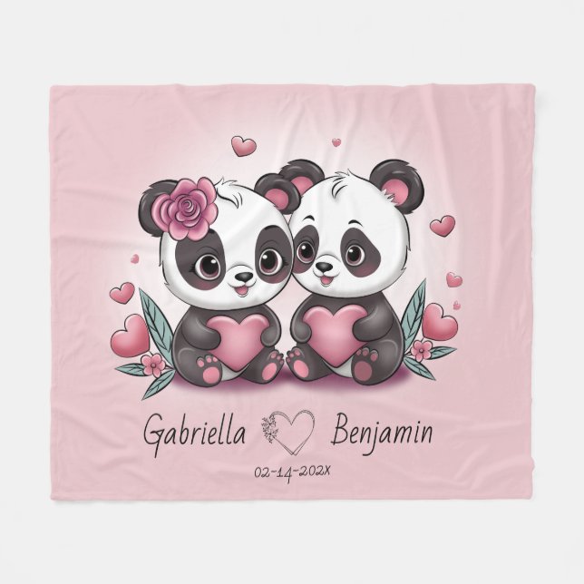 Cute Cartoon Panda Lovers Heart Valentine’s Day  Fleece Blanket (Front (Horizontal))