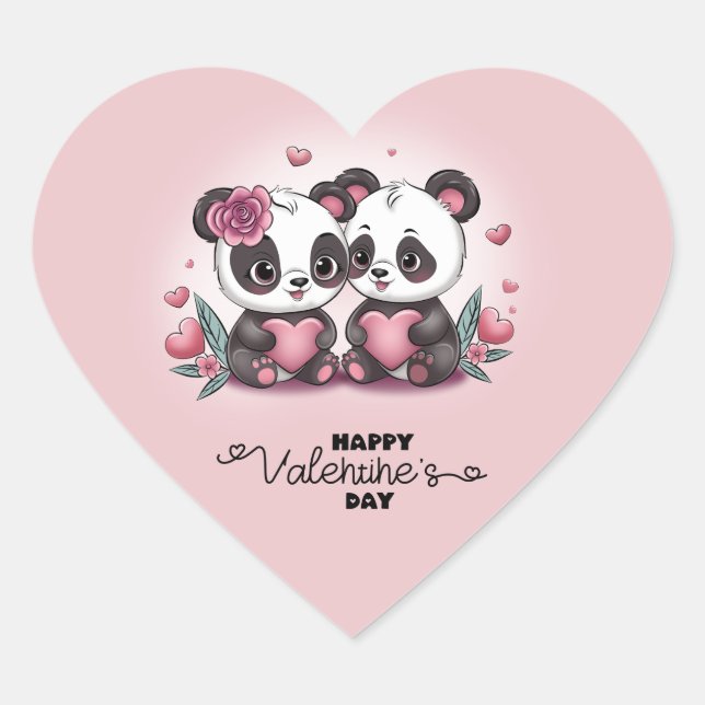Cute Cartoon Panda Lovers Heart Valentine’s Day Sticker (Front)