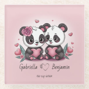 Cute Cartoon Panda Lovers Hearts Valentine’s Day Glass Coaster