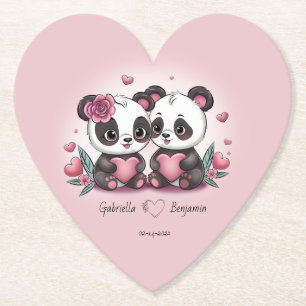 Cute Cartoon Panda Lovers Hearts Valentine’s Day Paper Coaster